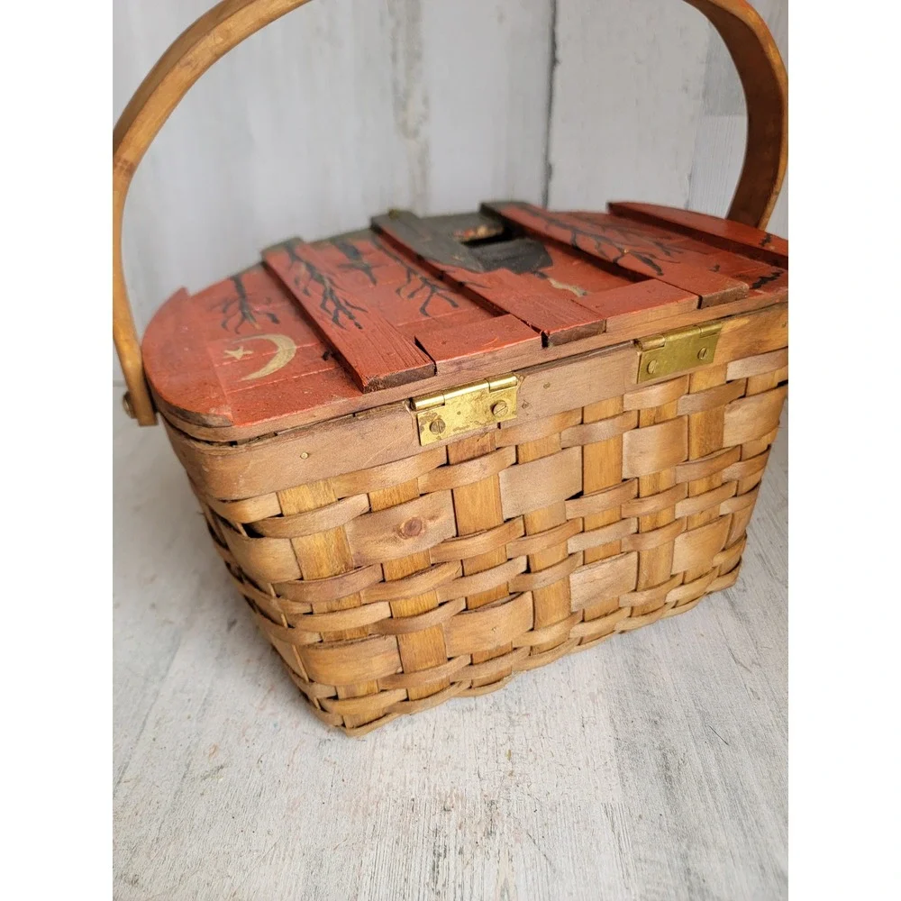 Unique vintage wooden trick or treat Halloween basket candy slot haunted house